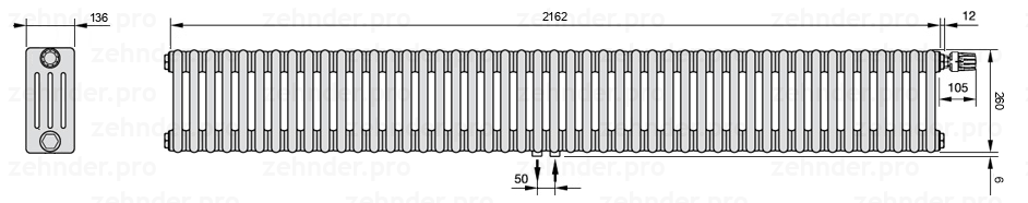 Схема (чертеж) Радиатор Zehnder Charleston 4026/47 №V008 Белый глянцевый RAL 9016